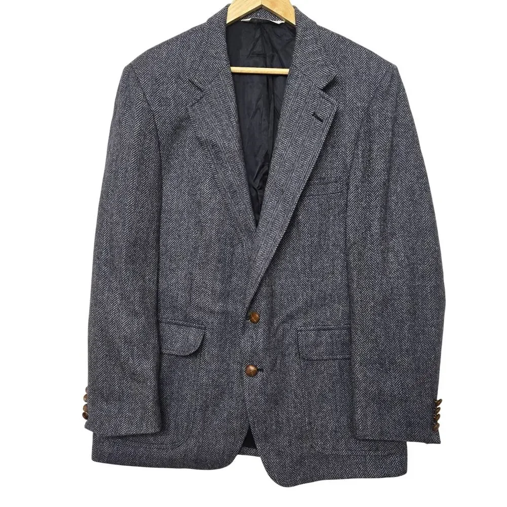 Lands End Mens Vintage USA Classic Tweed Wool Herringbone Blazer Sport Coat 43R